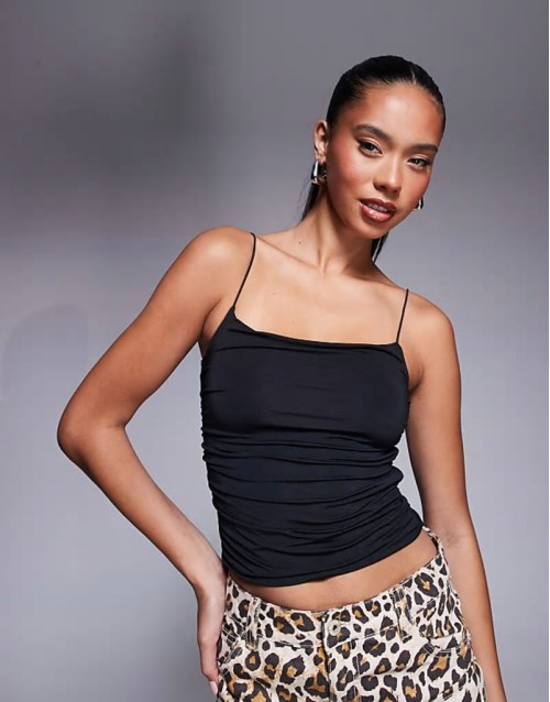 slinky fitted ruched side cami top with spaghetti straps in black