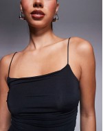 slinky fitted ruched side cami top with spaghetti straps in black