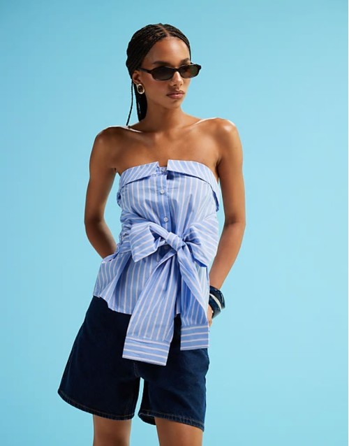 strapless shirt bandeau top with tie front detail in blue and pink pinstripe