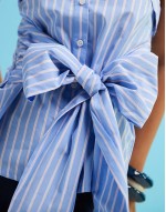 strapless shirt bandeau top with tie front detail in blue and pink pinstripe