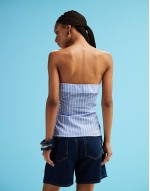 strapless shirt bandeau top with tie front detail in blue and pink pinstripe