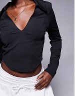collared long sve top in black
