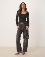 ribbed long sve top with lace and button detail in black