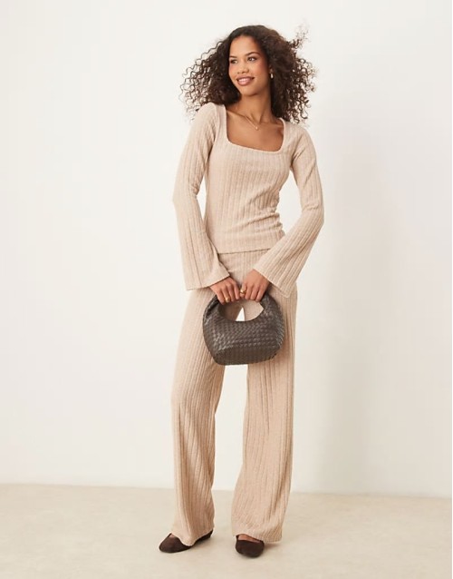 supersoft wide rib top hoodie and trouser co ord in oat