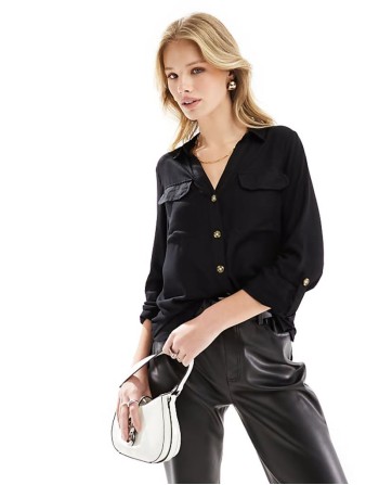 button down shirt with pocket detail in black