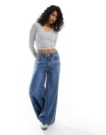contrast ribbed plunge neck crop top in white and grey stripe