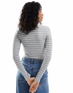 contrast ribbed plunge neck crop top in white and grey stripe