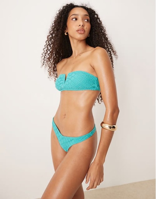 embroidered v detail bandeau bikini top & botttom in blue
