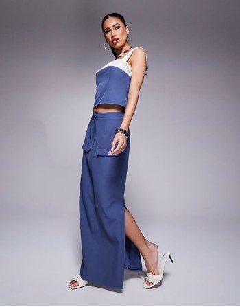 exclusive contrast satin detail cami top & tailored pocket detail skirt co-ord in blue