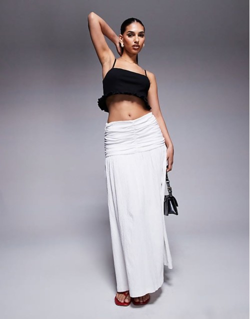 crinkle drop waist maxi skirt in white