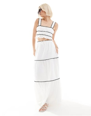 exclusive ruched contrast trim beach top and maxi skirt co-ord in mono