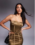 co-ord stretch satin strapless corset top and mini skirt in bronze
