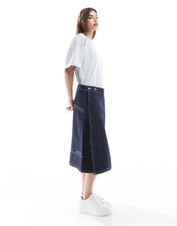 denim midi wrap skirt in raw denim