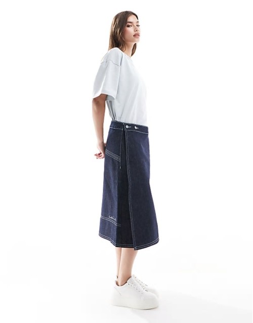 denim midi wrap skirt in raw denim