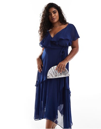 lace ruffle satin midaxi dress in navy
