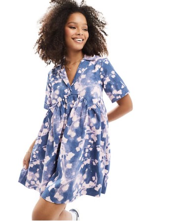 mini shirt dress with revere collar and corset hem in blue abstract print