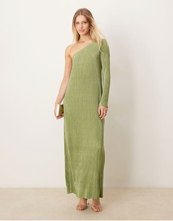 plisse one shoulder long sve maxi dress in sage green