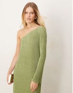 plisse one shoulder long sve maxi dress in sage green