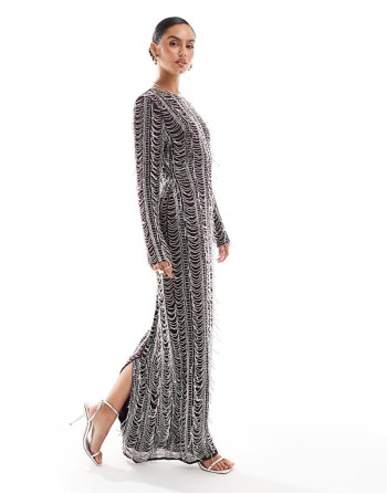 allover embellished column long sve maxi dress in plum