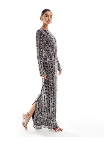 allover embellished column long sve maxi dress in plum