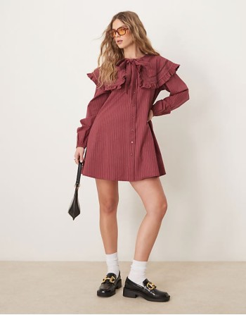 pinstripe smock dress with collar detail in burgundy