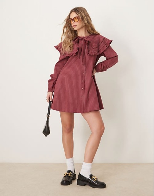 pinstripe smock dress with collar detail in burgundy