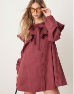 pinstripe smock dress with collar detail in burgundy