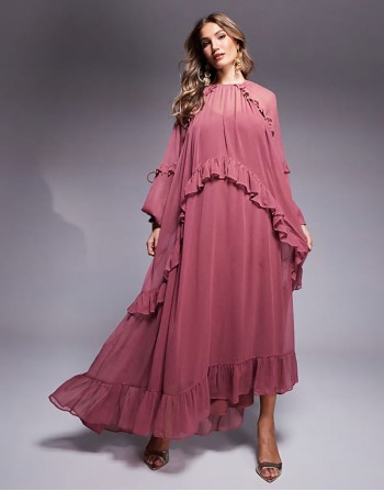 beaded ruffle maxi dress with tassels in berry pink