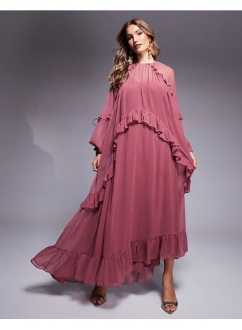 beaded ruffle maxi dress with tassels in berry pink