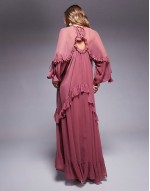 beaded ruffle maxi dress with tassels in berry pink