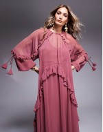 beaded ruffle maxi dress with tassels in berry pink
