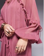 beaded ruffle maxi dress with tassels in berry pink