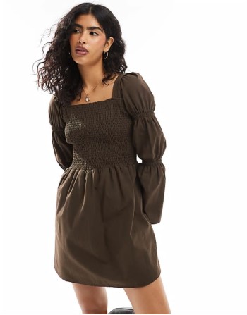 poplin shirred bodice sve detail mini dress in chocolate