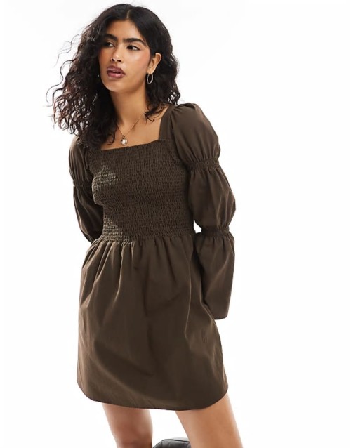 poplin shirred bodice sve detail mini dress in chocolate