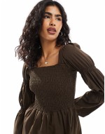 poplin shirred bodice sve detail mini dress in chocolate