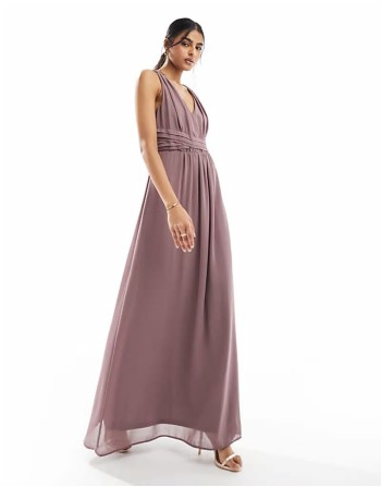 Bridesmaid wrap waist detail maxi dress with pleat front in taupe