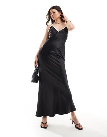 satin cami plunge maxi dress with contrast seam detail in black
