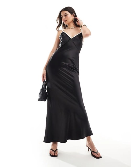 satin cami plunge maxi dress with contrast seam detail in black