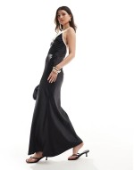 satin cami plunge maxi dress with contrast seam detail in black