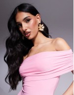 exclusive slinky  ruched skirt waist drape detail maxi dress in pink