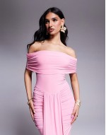 exclusive slinky  ruched skirt waist drape detail maxi dress in pink