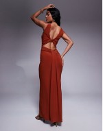 trimmed halterneck maxi dress with twisted back detail in rust