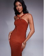 trimmed halterneck maxi dress with twisted back detail in rust