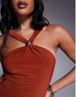 trimmed halterneck maxi dress with twisted back detail in rust