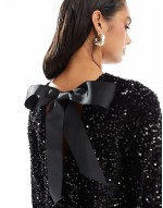 sequin mini dress with ribbon bow back in black