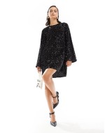 sequin mini dress with ribbon bow back in black
