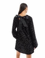 sequin mini dress with ribbon bow back in black