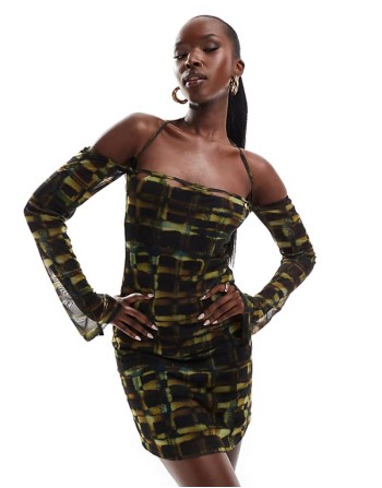 mesh strung neckline mini dress with dip back sves in dark check