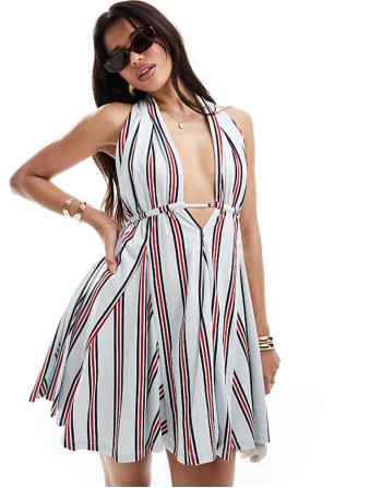 halter neck with channel waist mini dress in print