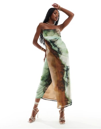 mesh bandeau midi dress with draped skirt in tonal marble print